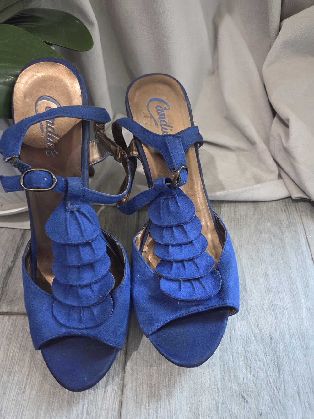 Candie's Royal Blue Suede Ruffle T-Strap Heels